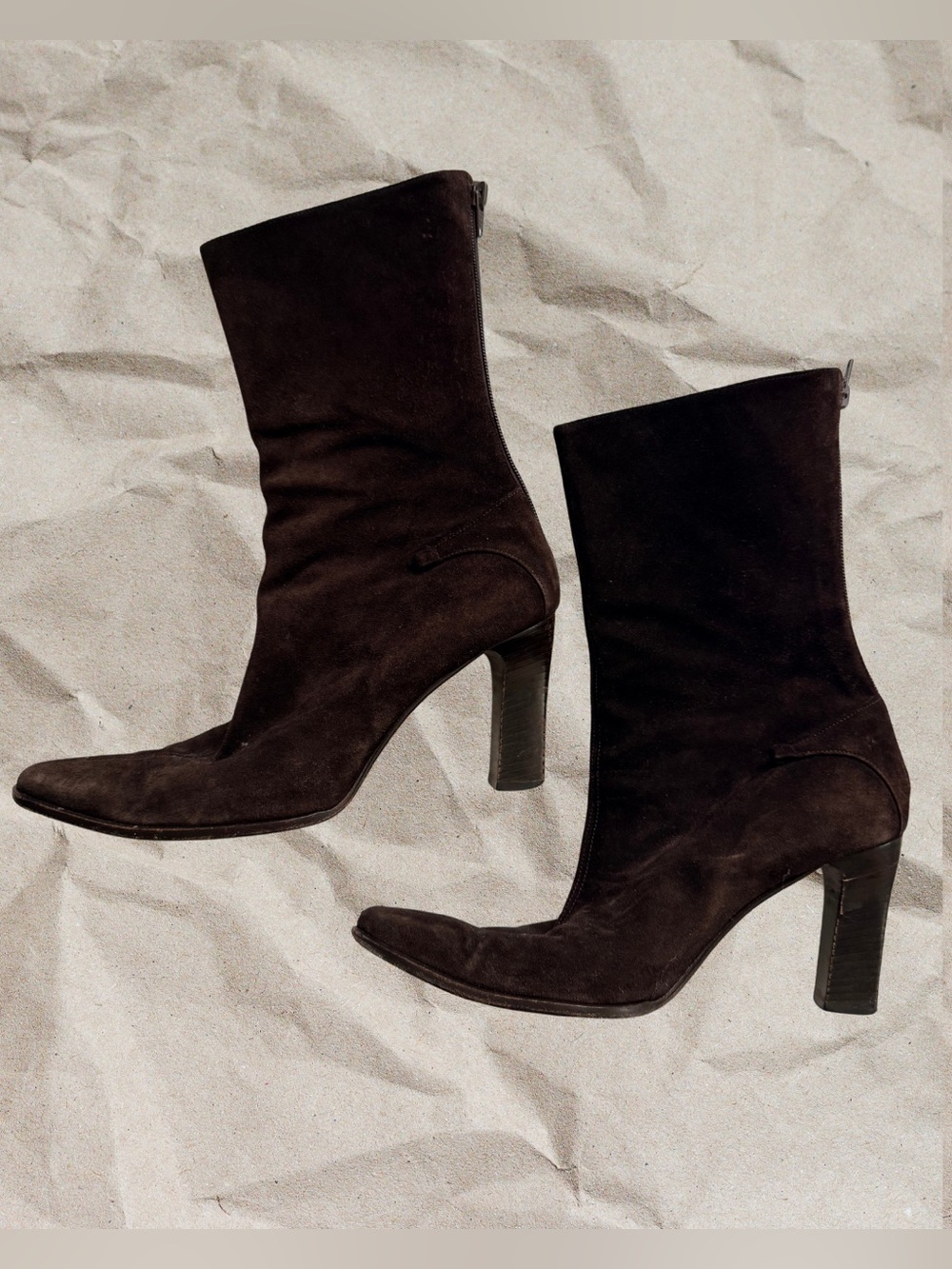 Vintage CELINE Chocolate Brown Suede Heeled Boots 39 Made in Italy Y2K